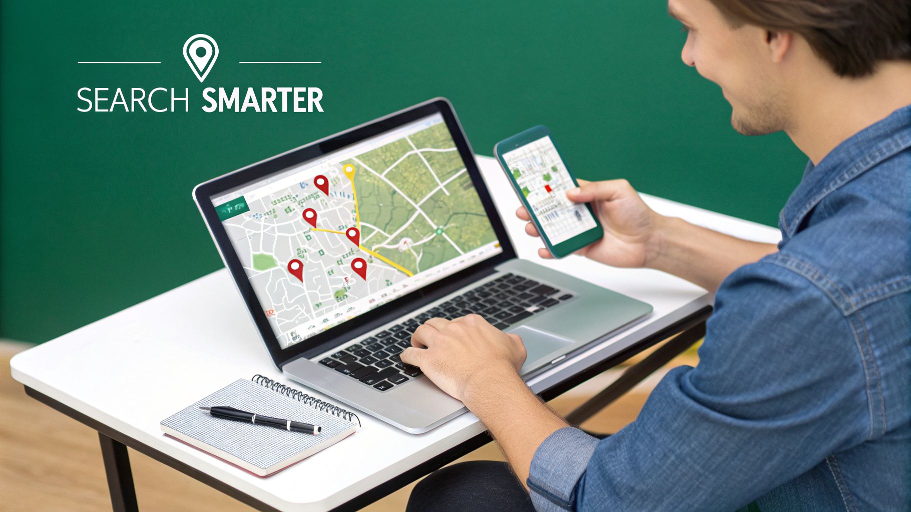 A person uses a laptop and smartphone to search for locations on a digital map, with 'Search Smarter' text.