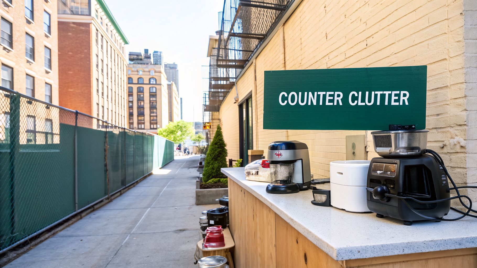 Outdoor counter with small kitchen appliances and a green 'COUNTER CLUTTER' sign.