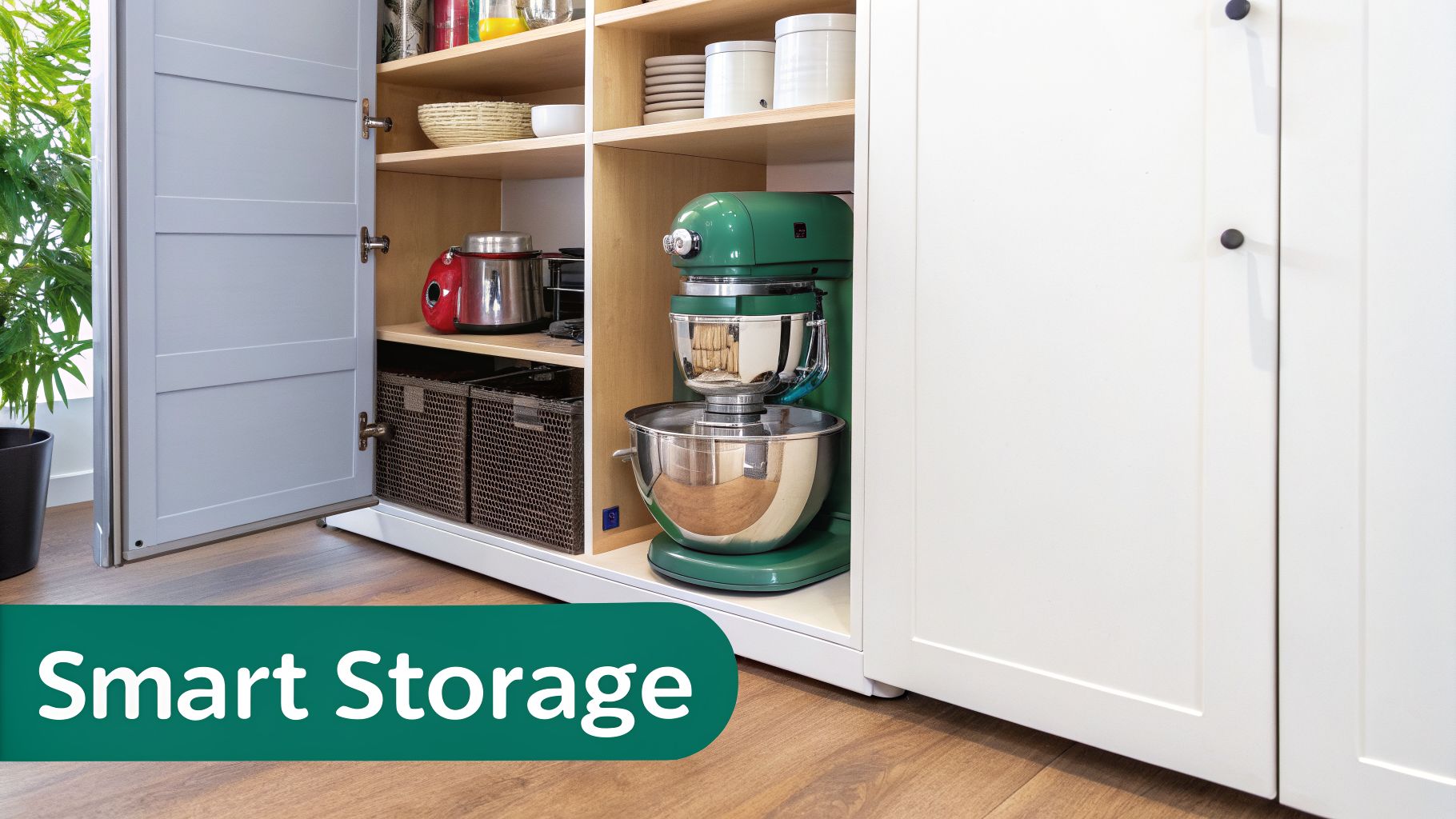 Smart storage solution in a kitchen cabinet, featuring a green stand mixer and other small appliances.