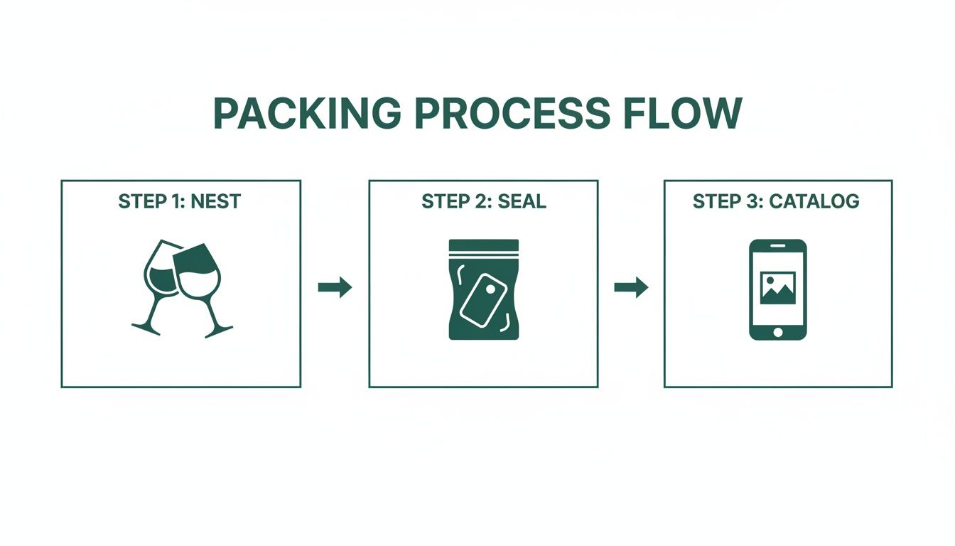 Infographic showing a three-step packing process flow: Nest, Seal, and Catalog, with corresponding icons.