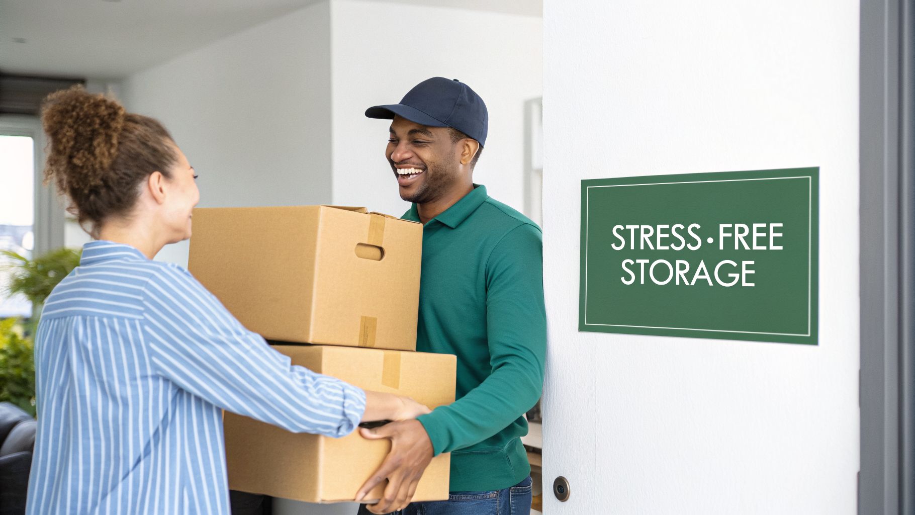 A smiling man and woman are carrying cardboard boxes, with a 'Stress-Free Storage' sign visible.