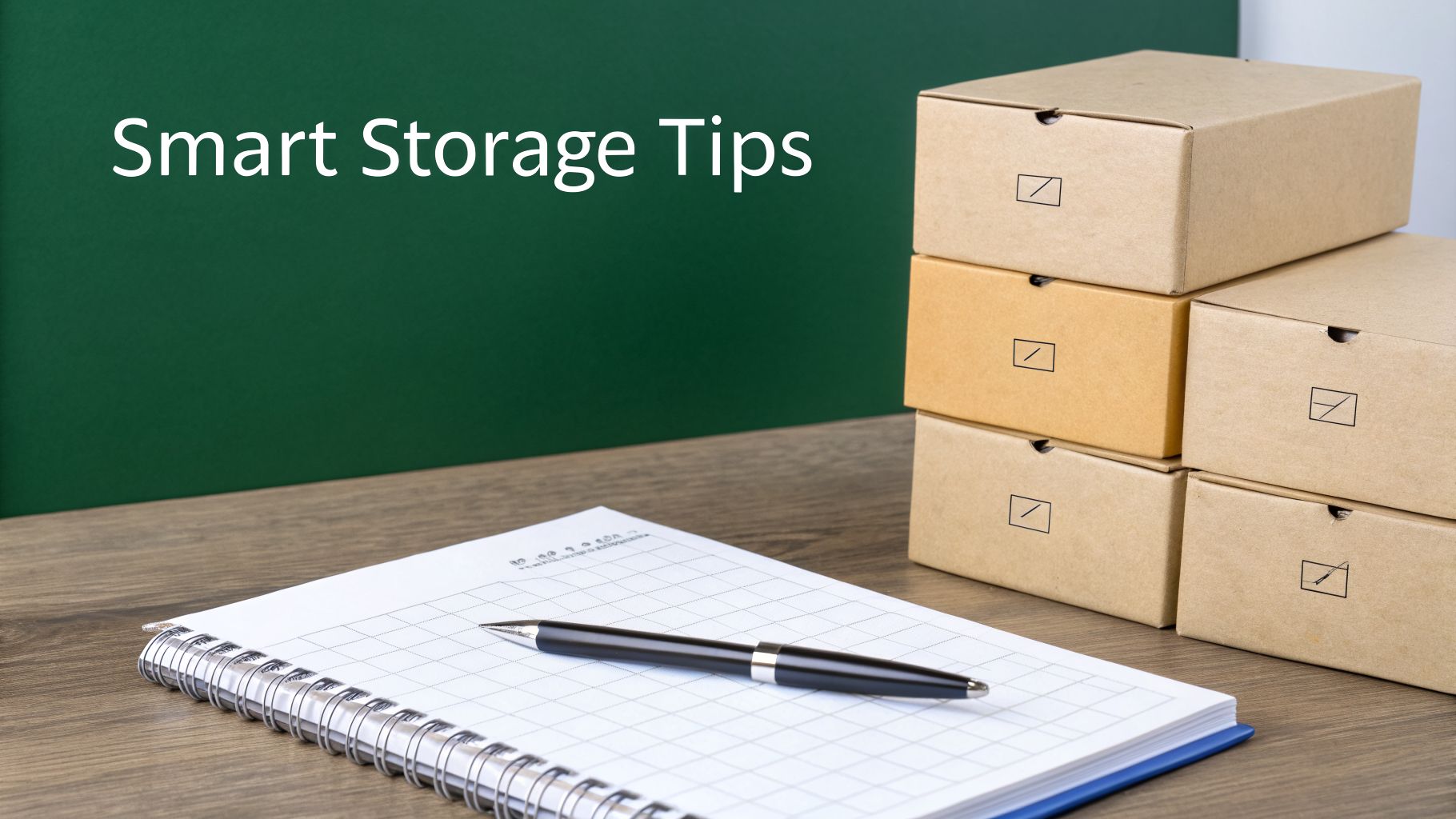 Text 'Smart Storage Tips' on a green wall, with stacked moving boxes, a notebook, and a pen on a wooden table.