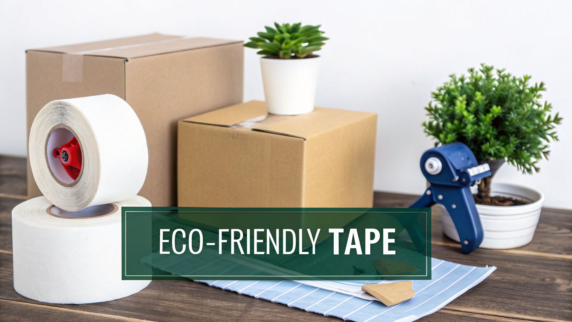 Eco-friendly paper tape rolls, cardboard moving boxes, and a tape dispenser on a wooden table.