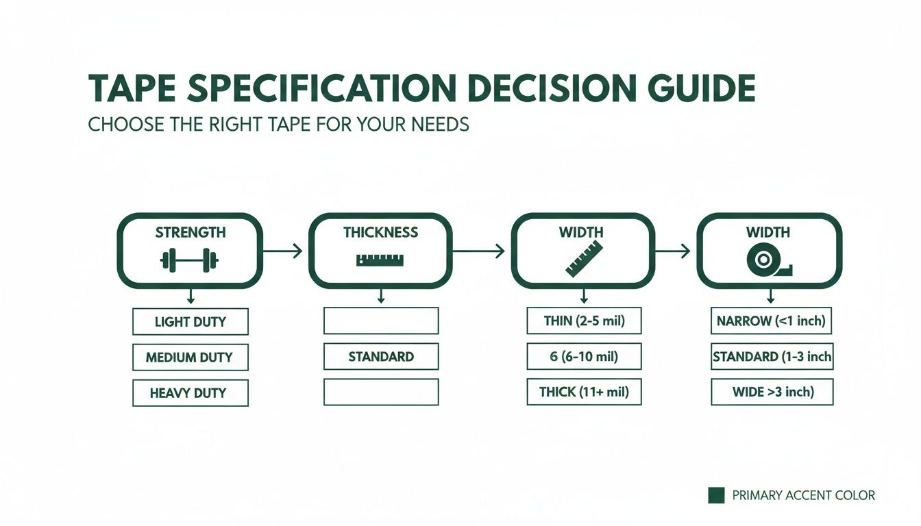 Flowchart guide for choosing tape specifications based on strength, thickness, and width categories.
