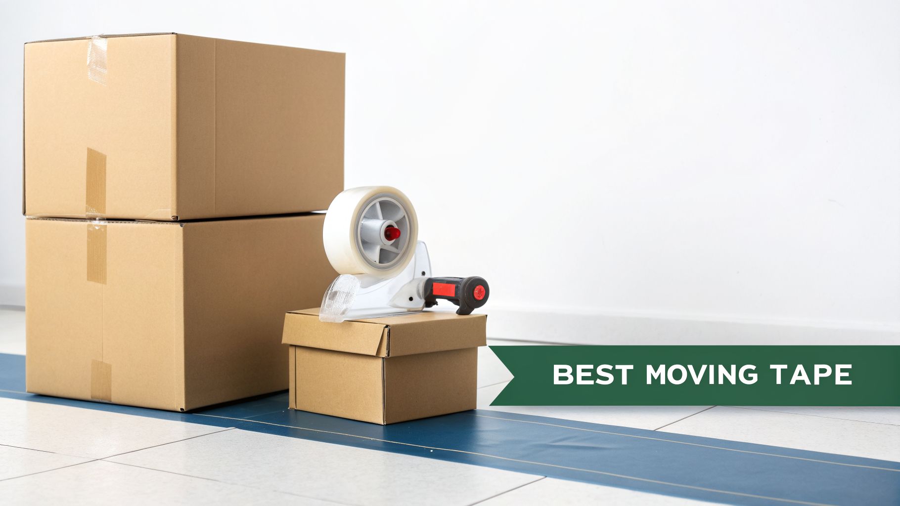 Stacked cardboard moving boxes, a tape dispenser with packing tape, and a "BEST MOVING TAPE" banner.