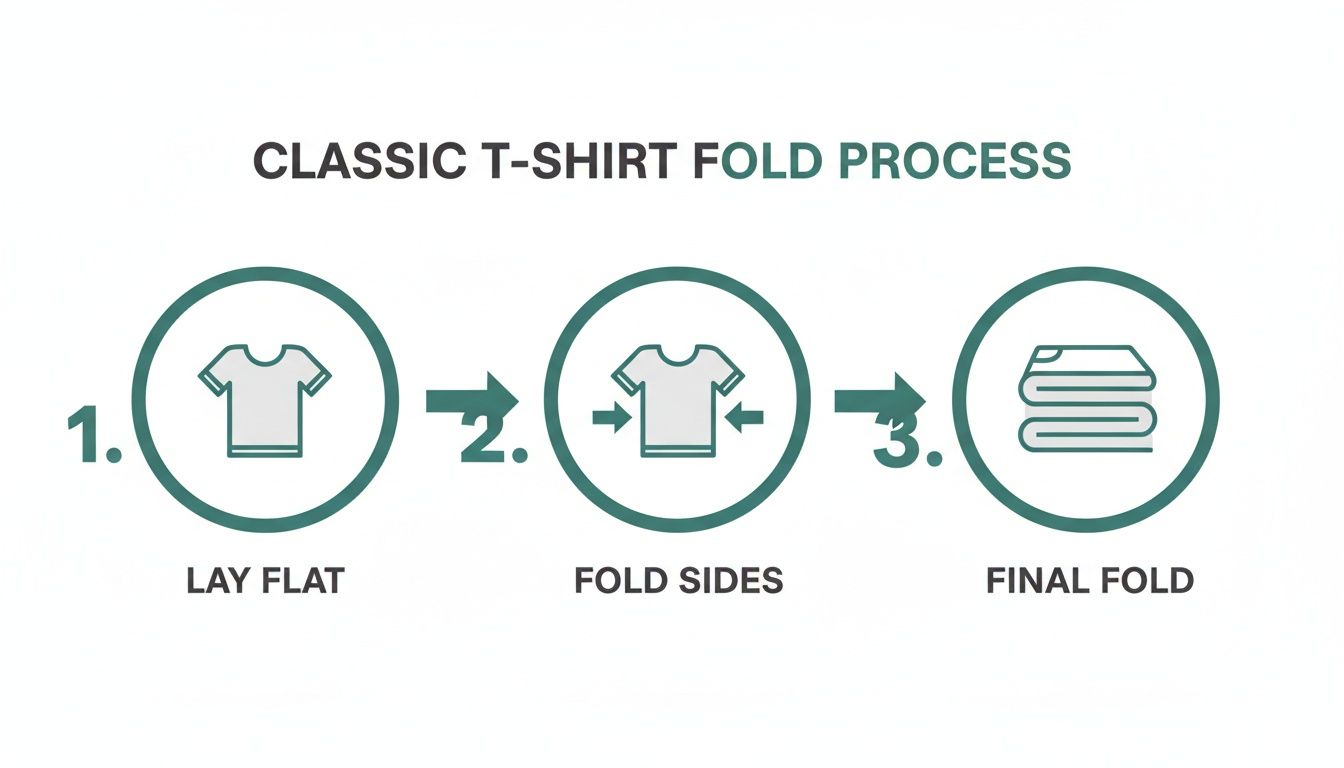A step-by-step diagram illustrating the classic t-shirt folding process: lay flat, fold sides, and final fold.