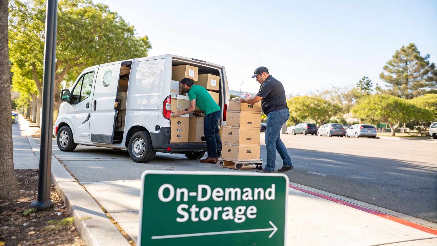 Two workers loading moving boxes into a white van for on-demand storage services.