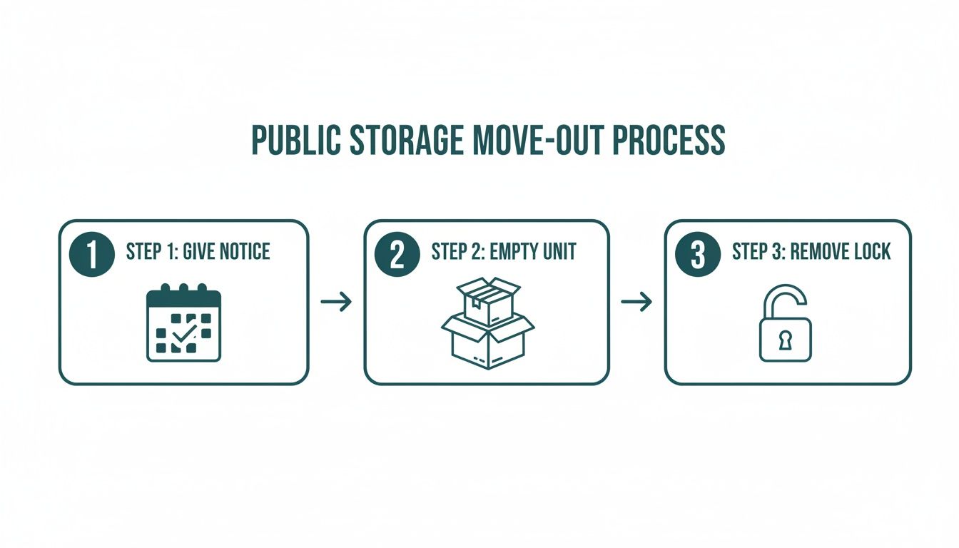 Infographic detailing the three-step public storage move-out process: give notice, empty unit, remove lock.