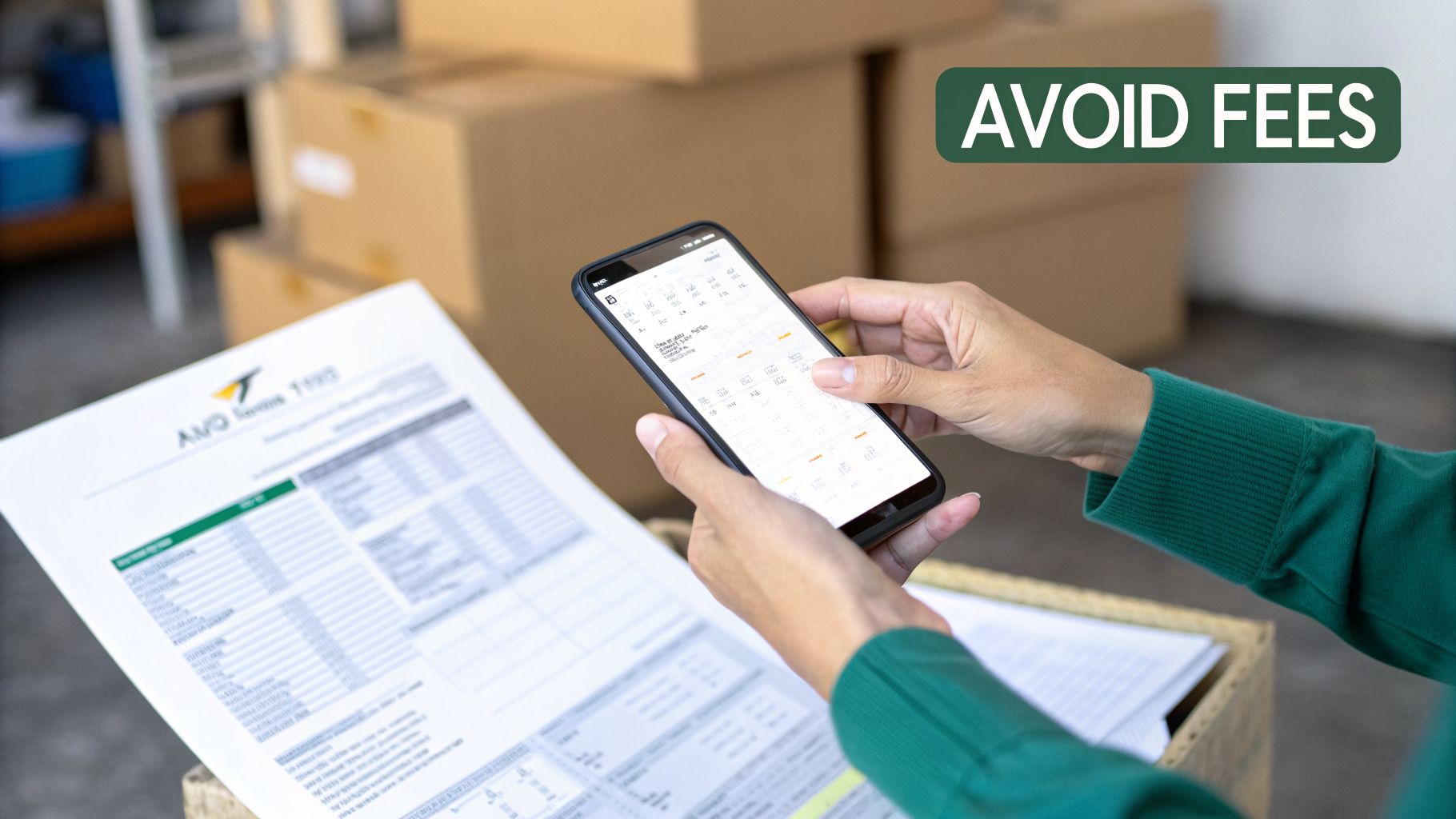 Hands holding a smartphone and document, managing storage inventory to avoid fees.