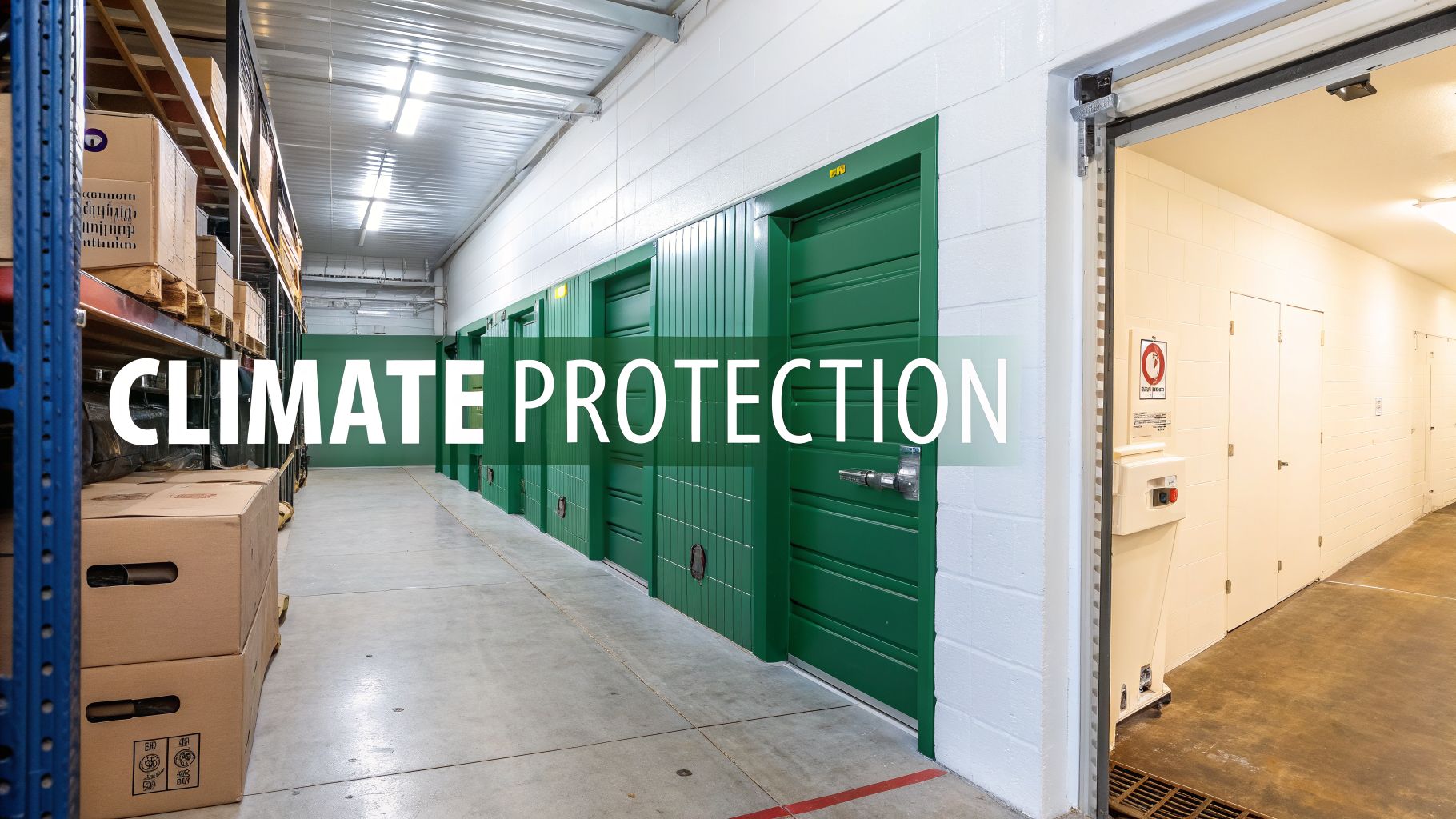 A long hallway in a climate-controlled storage facility with green unit doors and boxes on shelves.