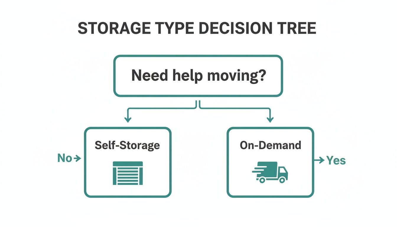 A storage type decision tree diagram asking 'Need help moving?' leading to 'Self-Storage' for No, and 'On-Demand' for Yes.