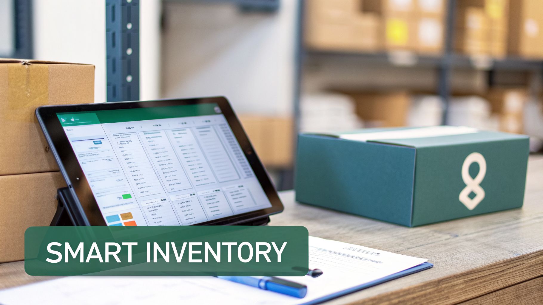 A tablet displaying a smart inventory management system on a desk with packages in a warehouse.