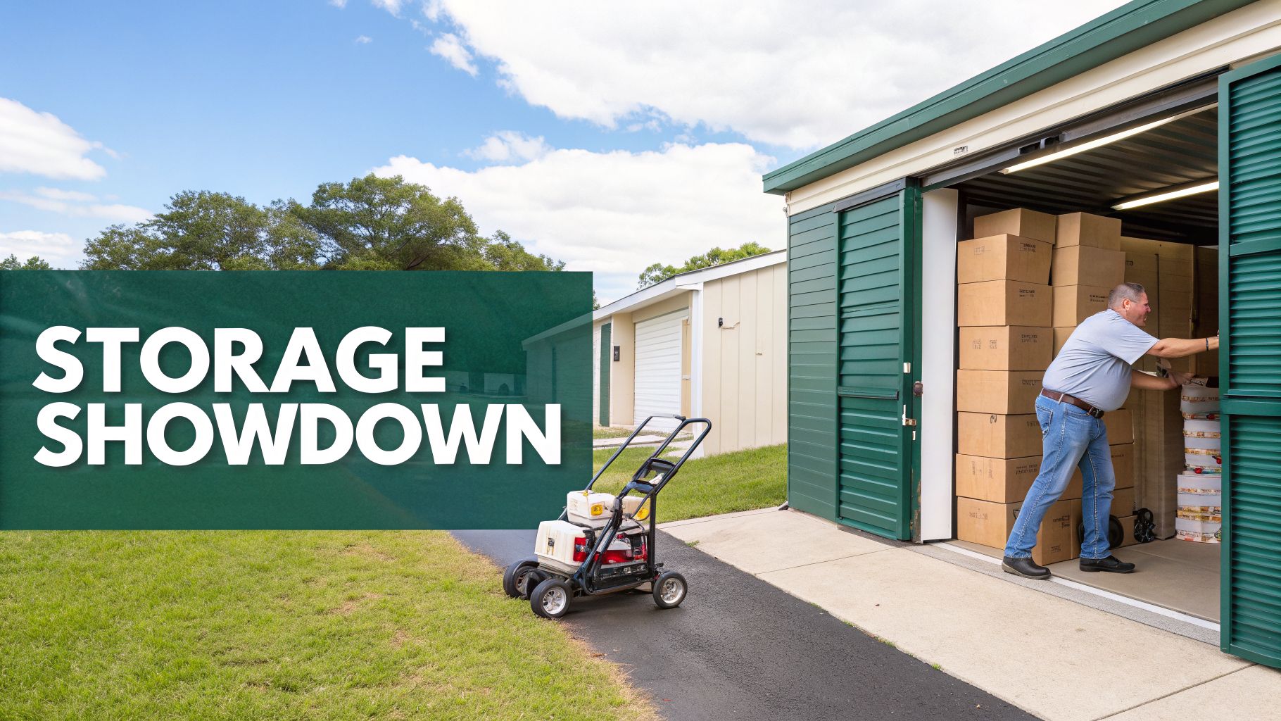 A man loads many cardboard boxes into a green self-storage unit at an outdoor facility.