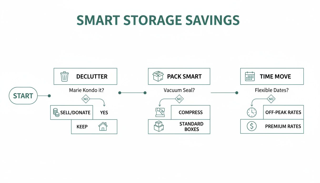 Flowchart illustrating smart storage savings tips through decluttering, packing methods, and flexible move timing.