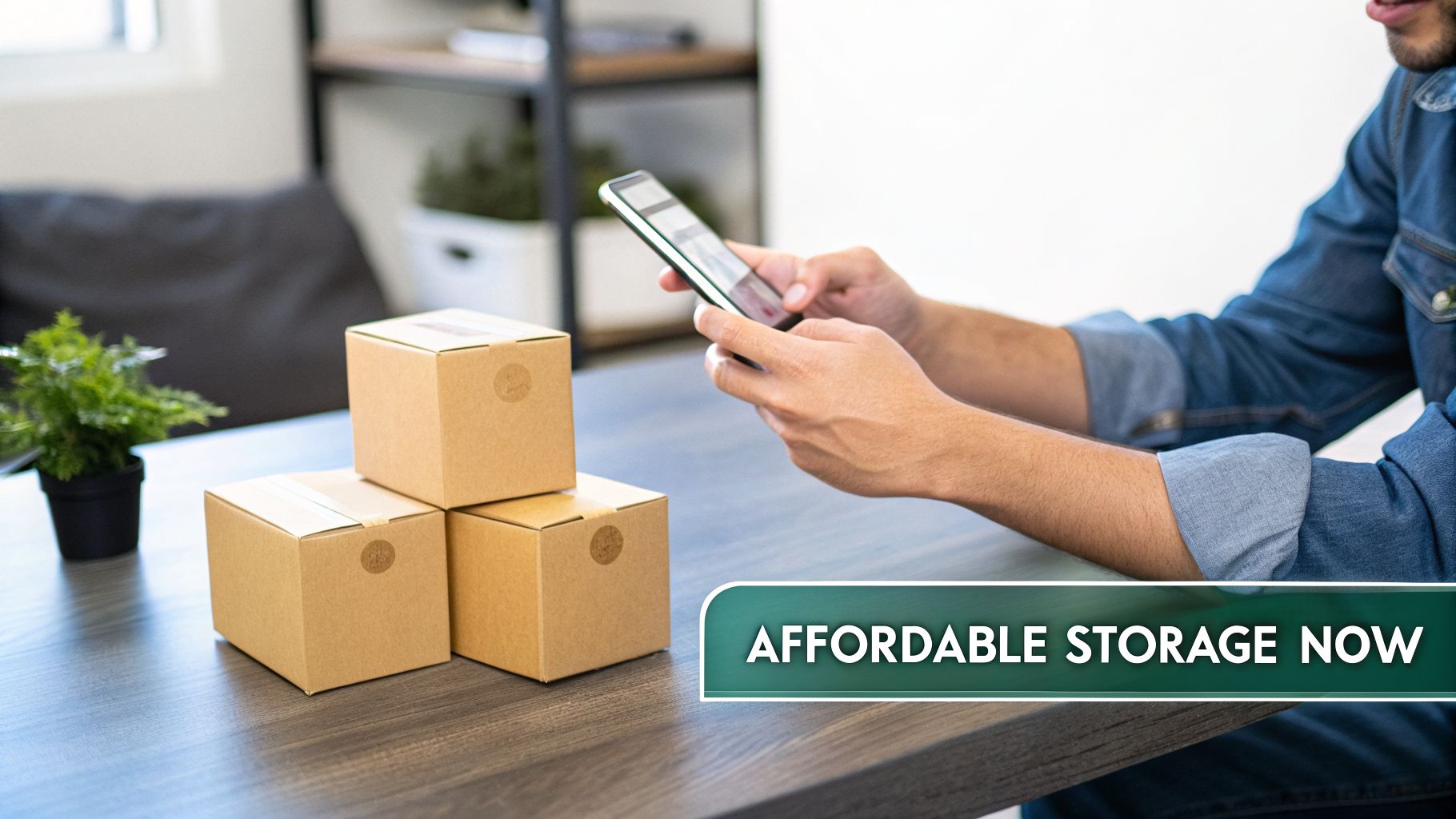 A person uses a smartphone next to small moving boxes, with a banner promoting affordable storage.