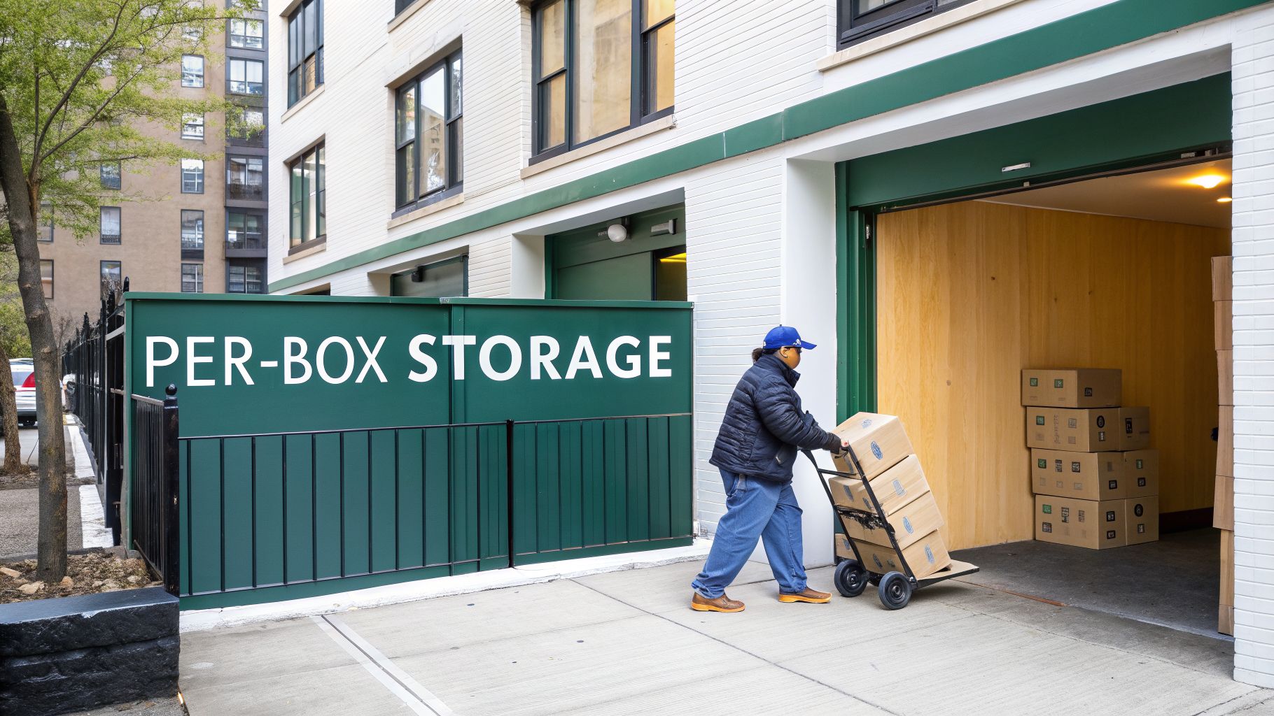 A person delivers moving boxes on a hand truck to a green 'PER-BOX STORAGE' facility entrance.