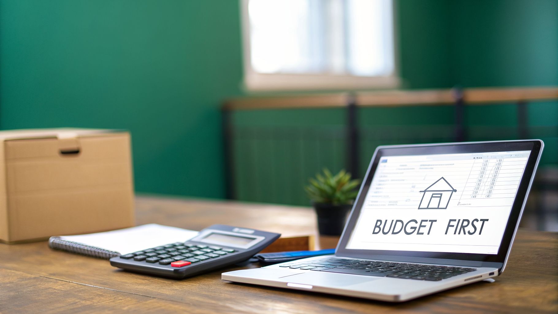 A laptop displaying "BUDGET FIRST" and a house icon, with a calculator and notebook on a wooden desk.