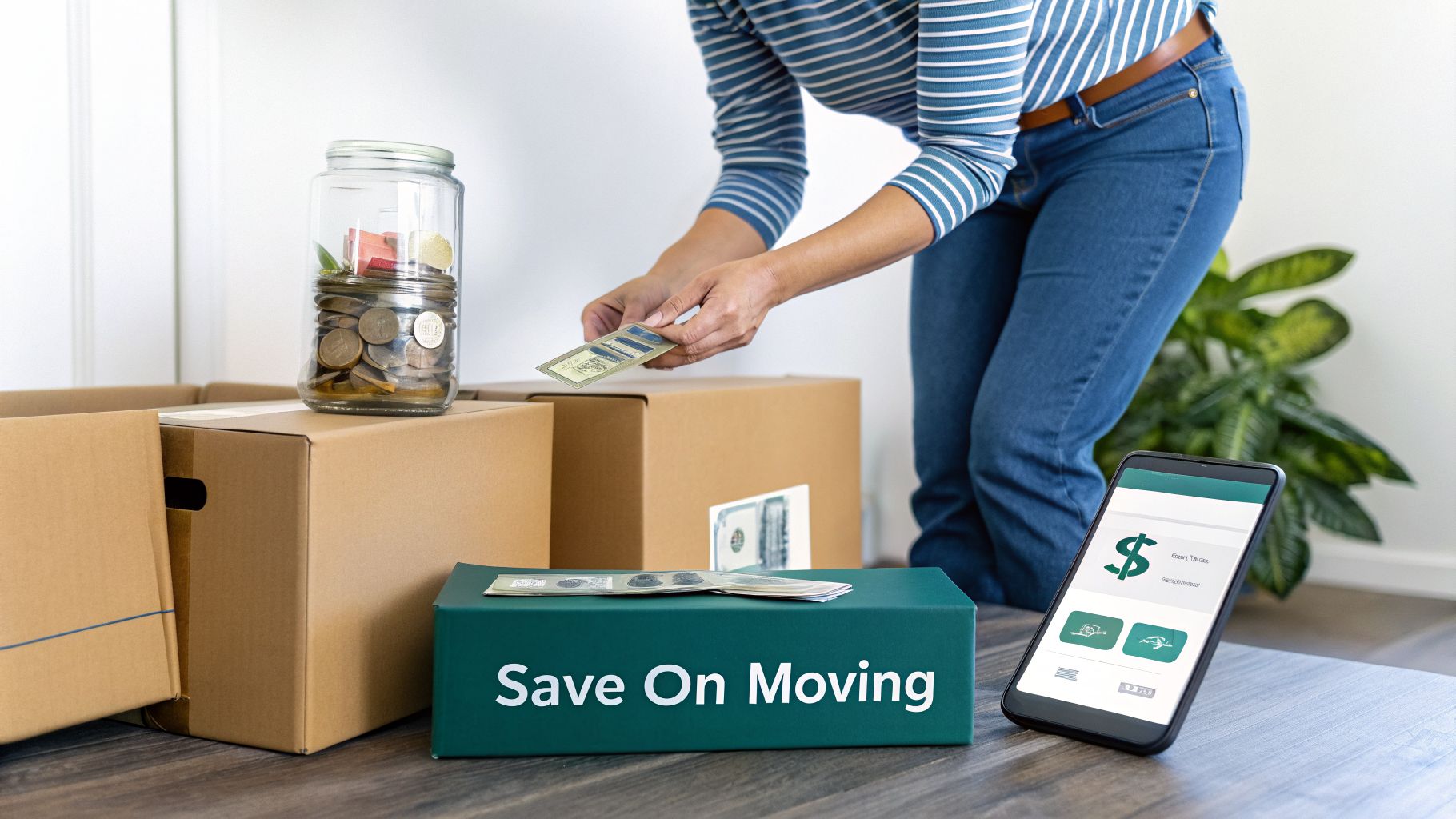 Person saving money in a jar and a box labeled 'Save On Moving' amidst moving boxes.
