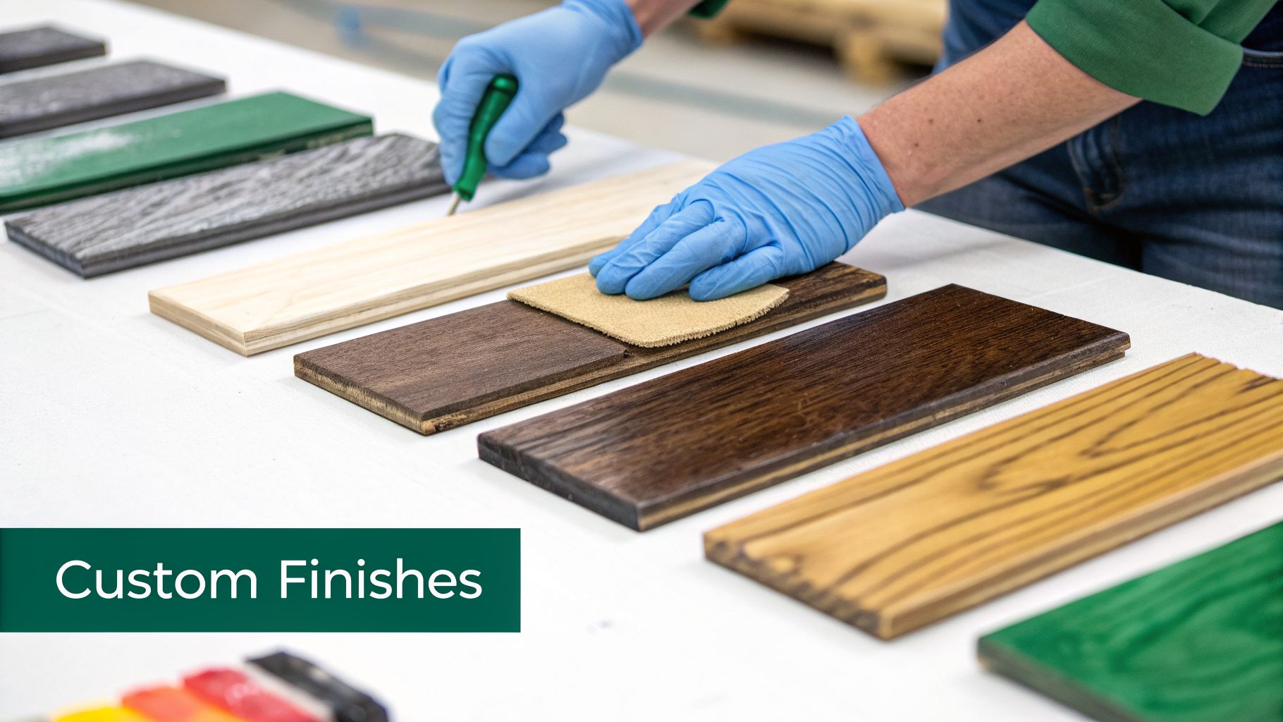 Hands in blue gloves applying finish to various wood samples, showcasing custom finishes.