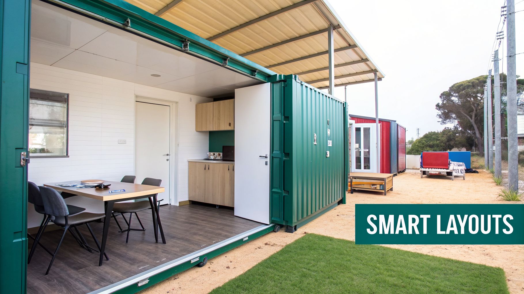 Modern green shipping container apartment with a visible dining area, kitchen, and outdoor space.