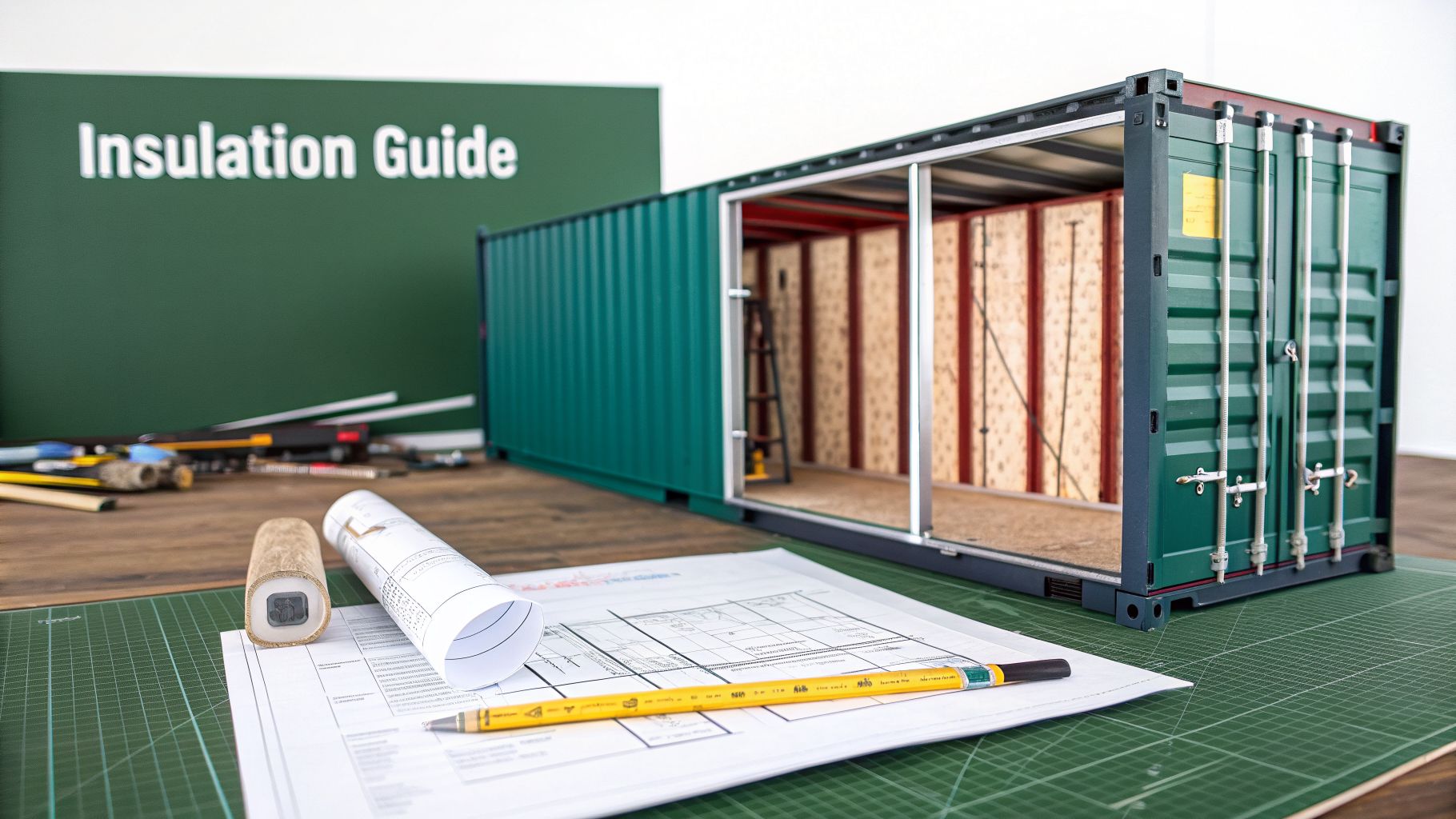 A detailed model of a green shipping container with insulation inside, architectural plans, and an 'Insulation Guide' sign.