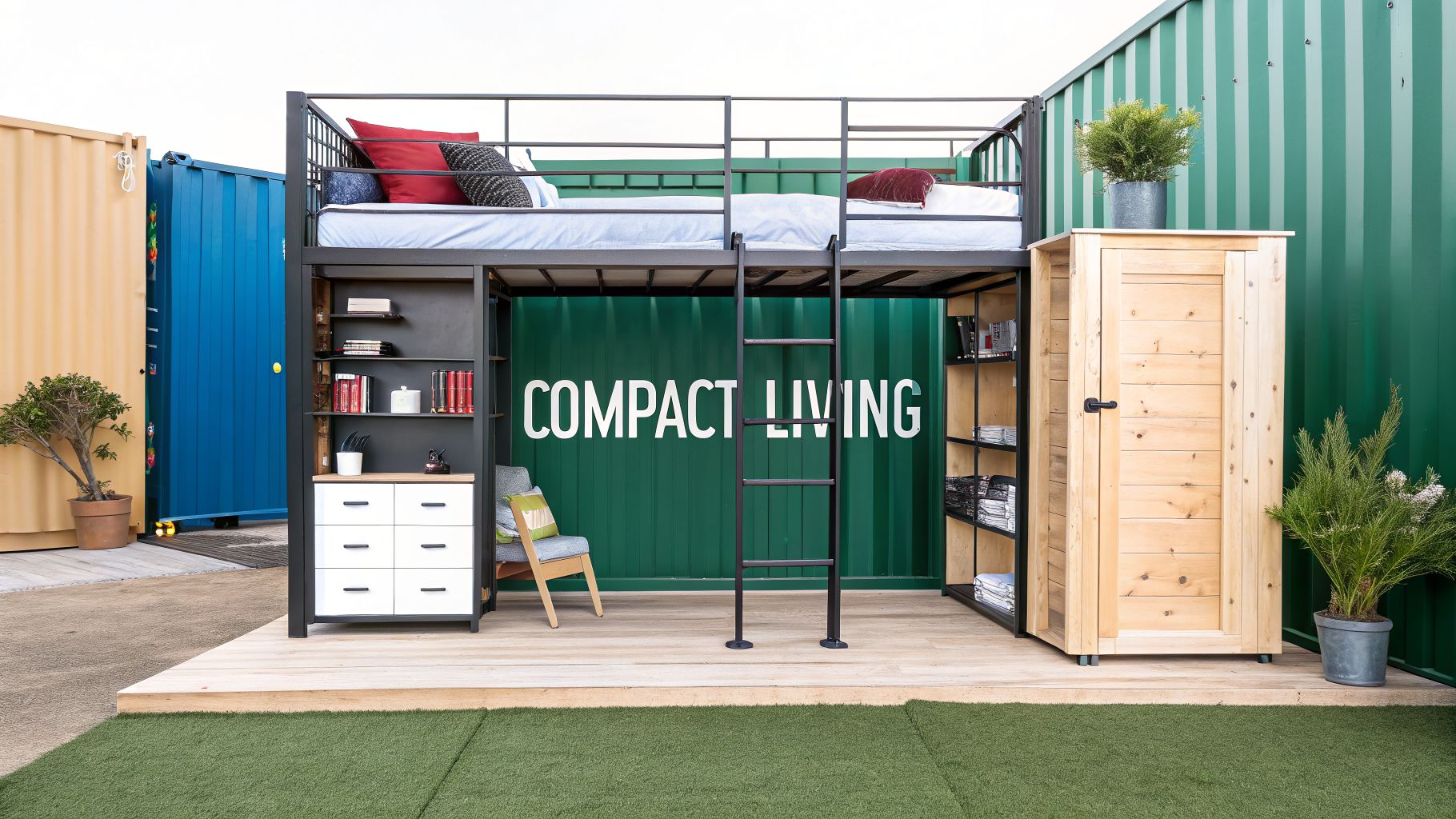 A stylish black loft bed with integrated storage and desk space, near a green 'Compact Living' shipping container.