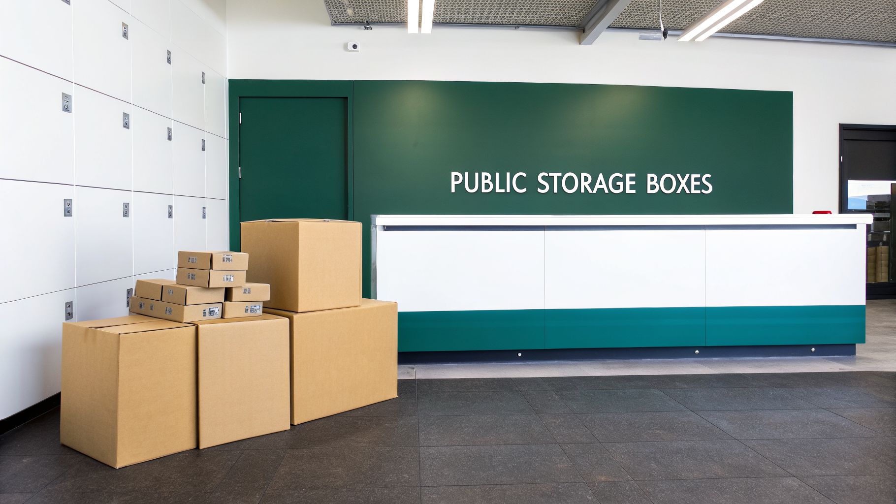 Cardboard boxes stacked in a modern public storage facility with white lockers and green signage.