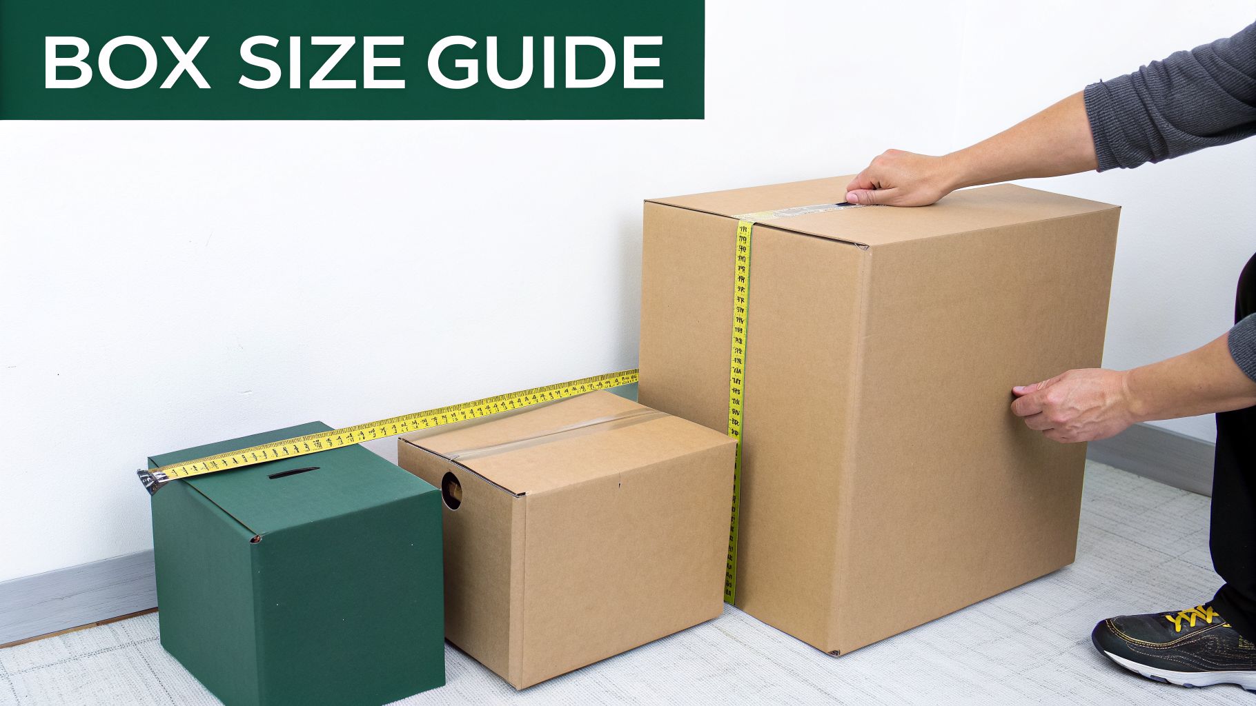 A person measures three different sized boxes, a green one and two brown, with a yellow tape measure, illustrating a box size guide.