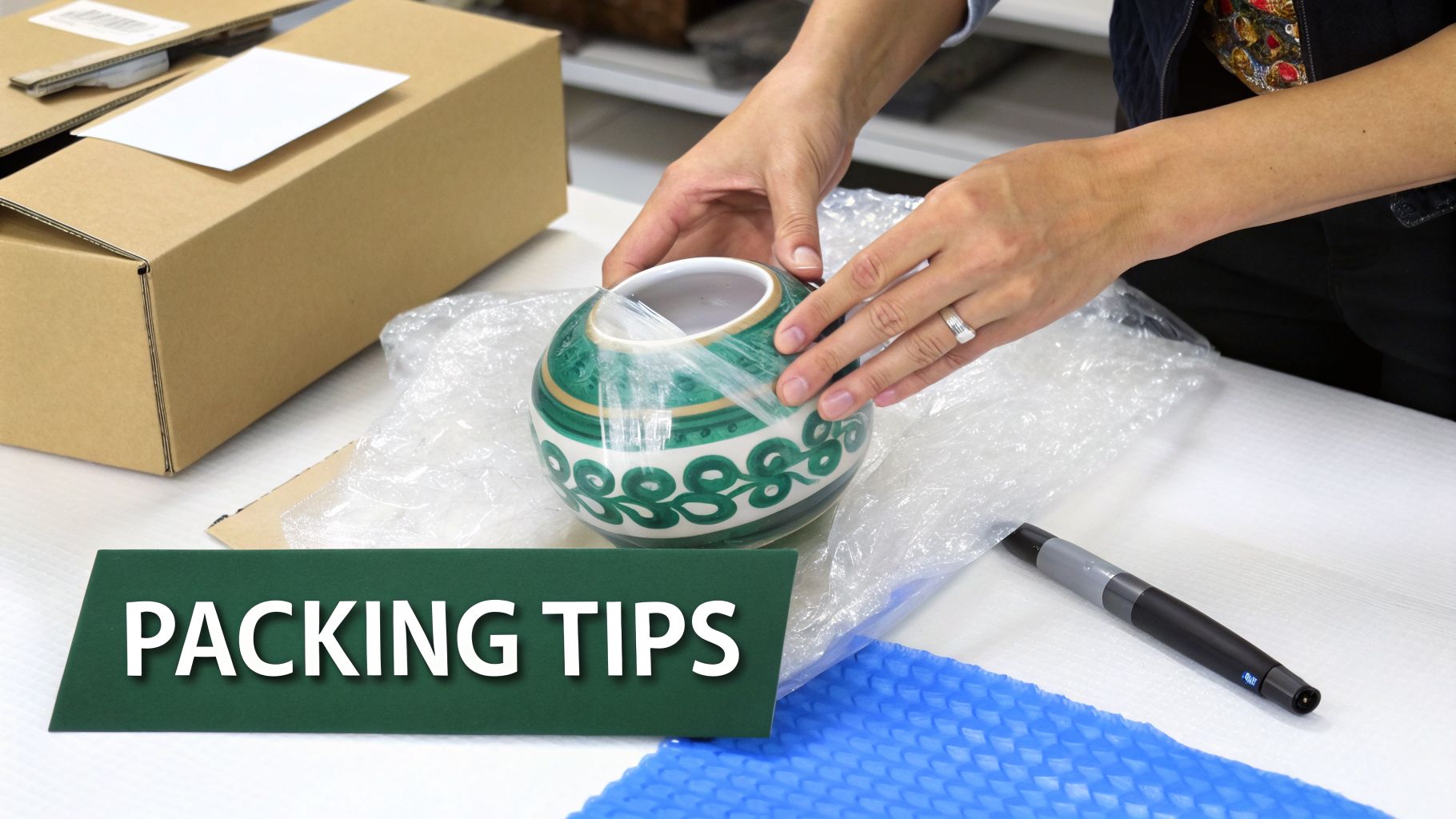 A person meticulously wraps a ceramic vase with bubble wrap, preparing it for packing in a cardboard box.