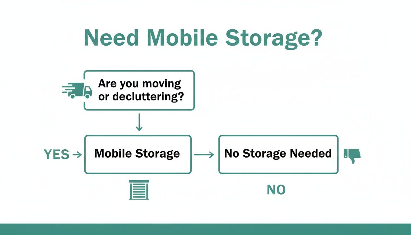 Flowchart asking 'Need Mobile Storage?' guiding users on whether moving or decluttering requires a mobile storage unit.