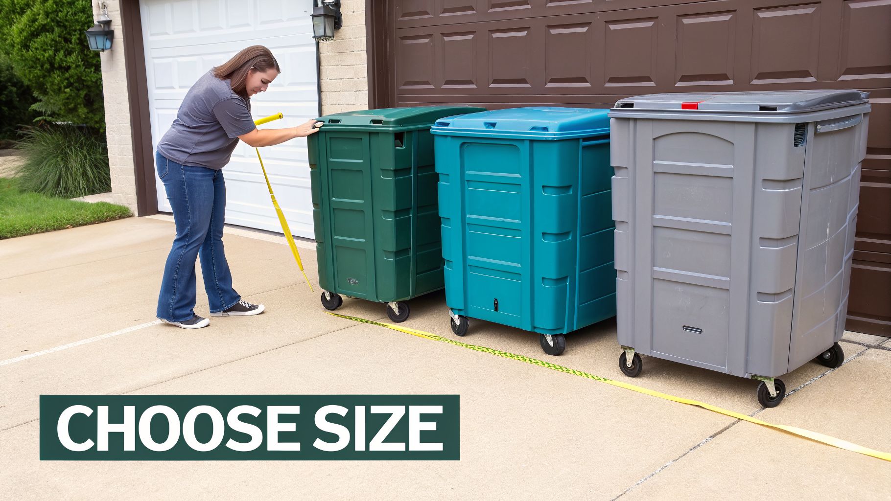 A woman measures the sizes of three colorful mobile storage units with a tape measure.