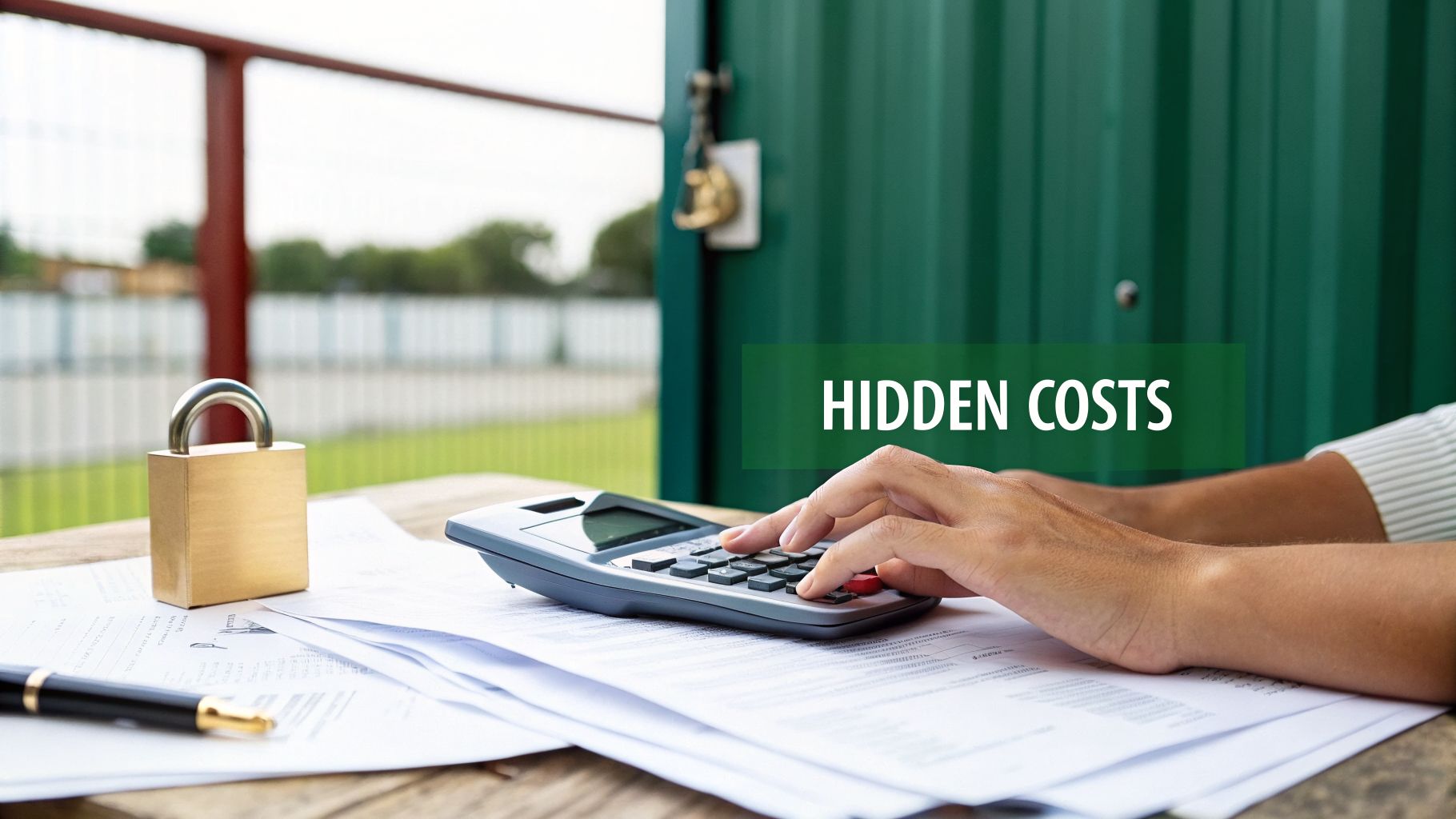 Person using a calculator with papers, a pen, and a padlock on a table, highlighting hidden costs.