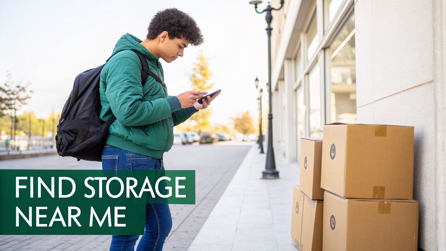 A young man in a green jacket looks at his phone with moving boxes beside him, searching for storage.