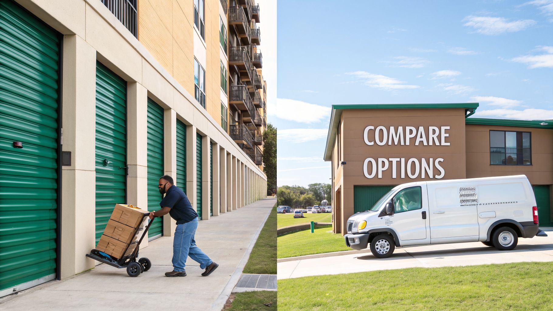 A man moving boxes into self-storage units, next to a building with 'Compare Options' and a white van.