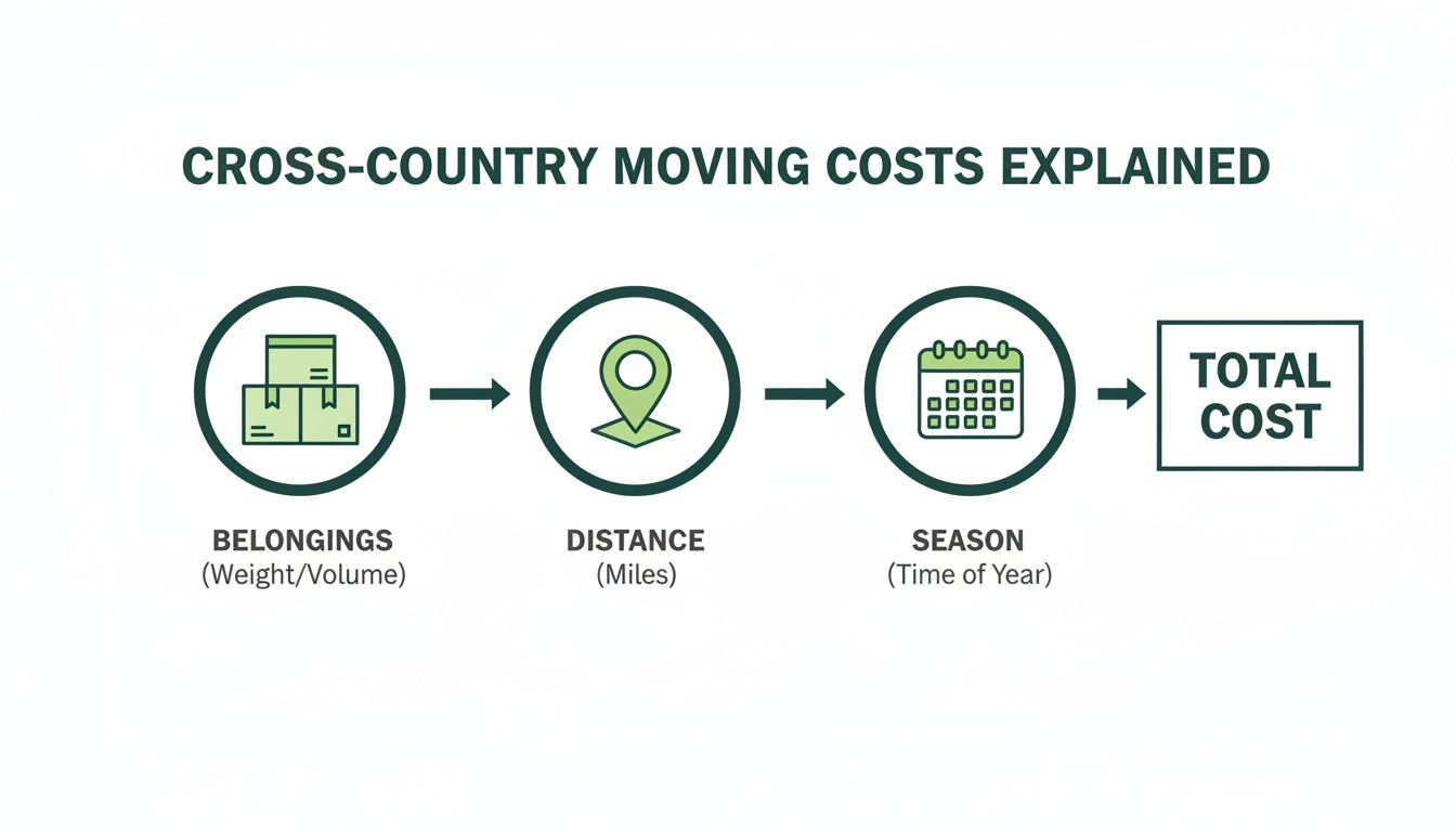 Infographic outlining factors for cross-country moving costs: belongings, distance, and time of year.