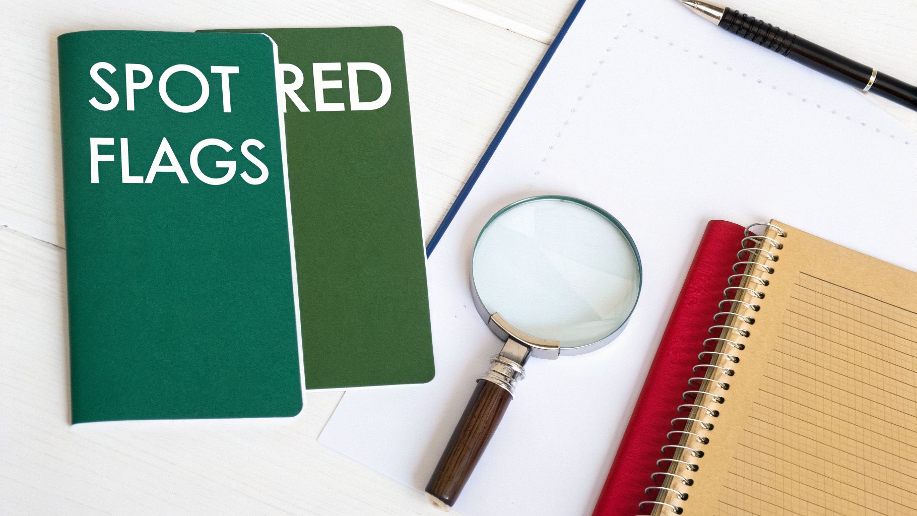 Two green notebooks with 'SPOT RED FLAGS' text, a magnifying glass, pen, and notebooks on a white desk.