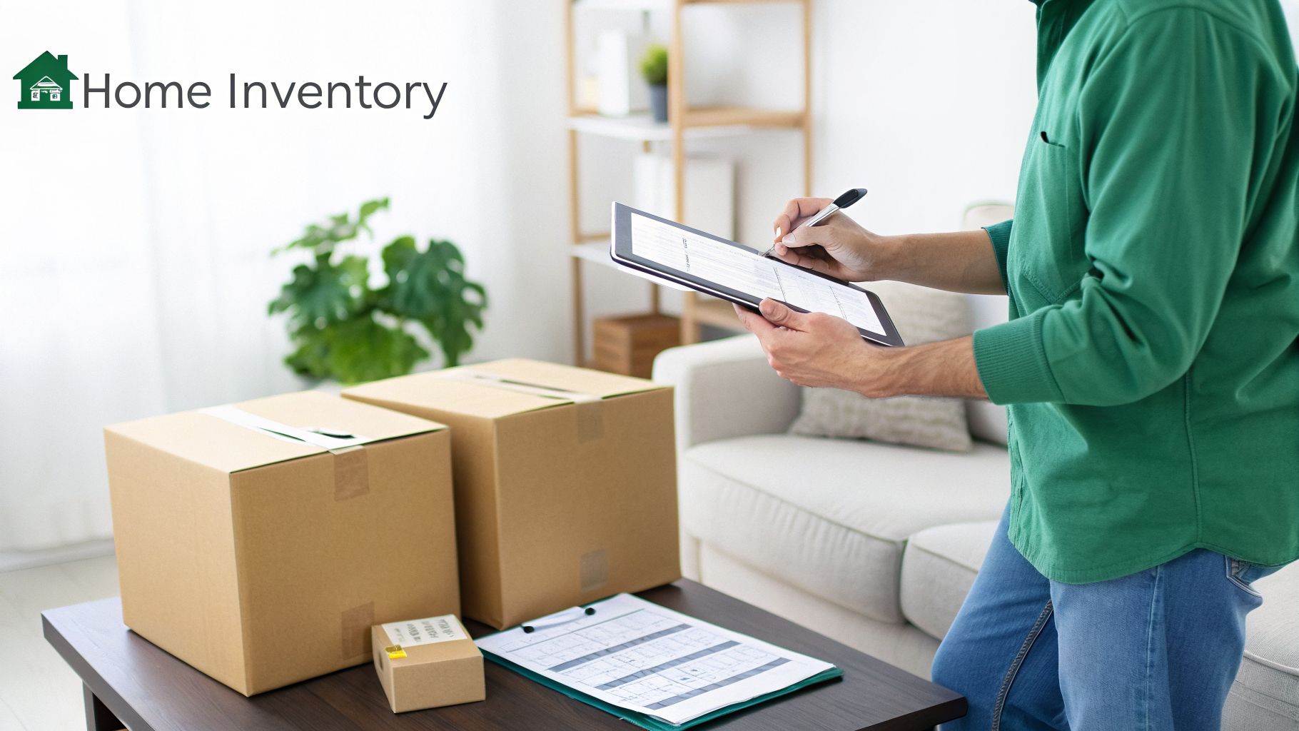A person in a green shirt records inventory on a tablet, next to moving boxes and a checklist.
