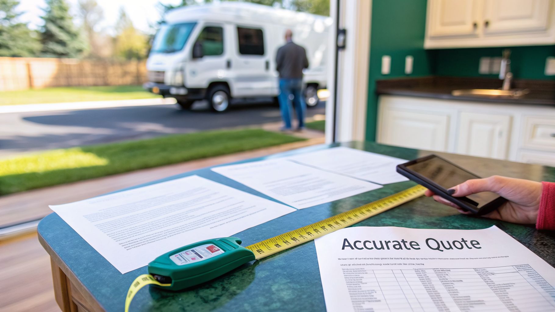 A person's hand holds a smartphone on a table with quote papers, a tape measure, and a moving van outside.
