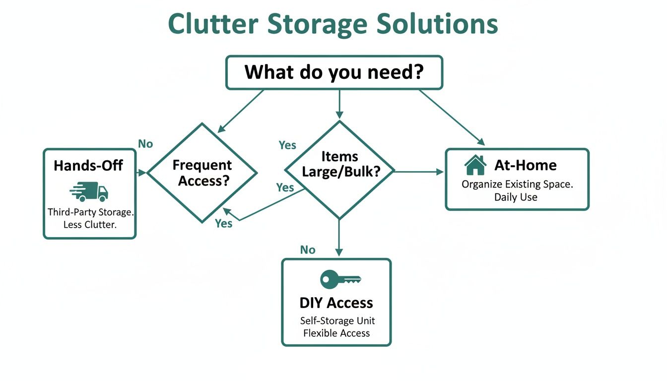 Flowchart guiding users to clutter storage solutions based on access frequency, item size, and location.