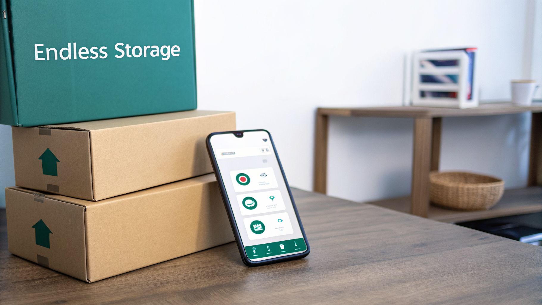 A smartphone displaying an app next to stacked moving boxes with "Endless Storage" written on top.