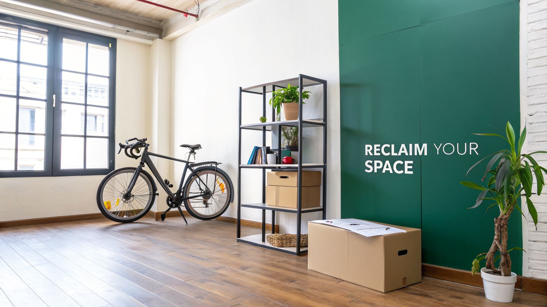 A bright room with a bicycle, shelving unit, and 'Reclaim Your Space' message on a green wall.