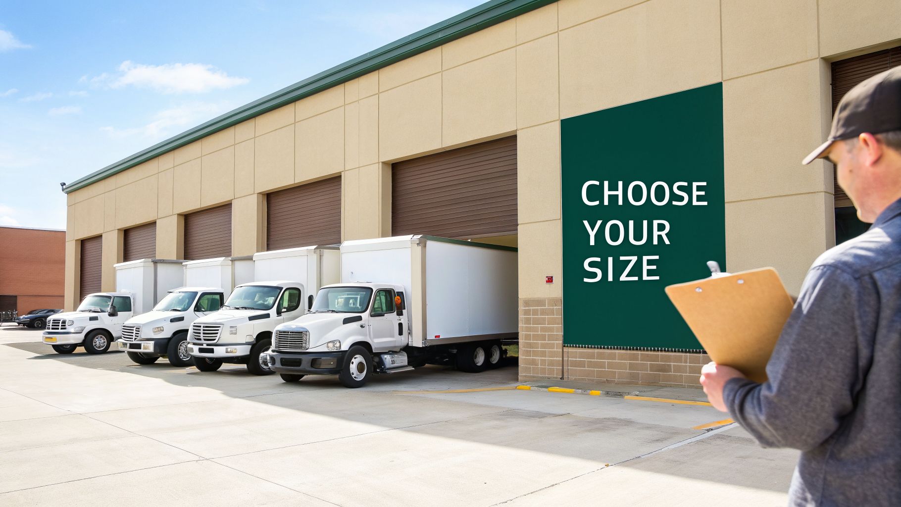 A lineup of white box trucks parked at a large commercial warehouse with a 'CHOOSE YOUR SIZE' sign.
