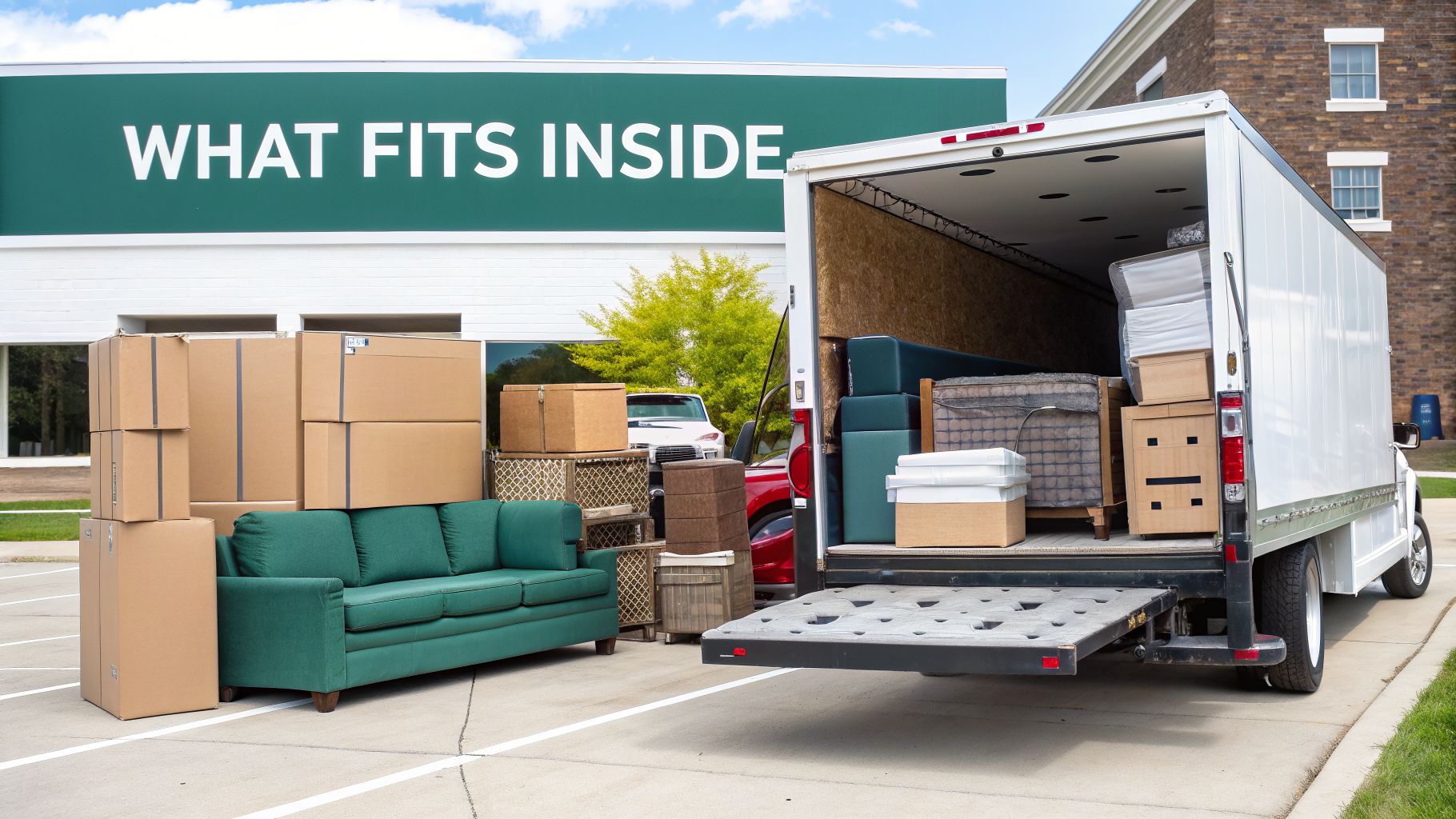 A moving truck with its ramp down, full of furniture and boxes, with more items outside.