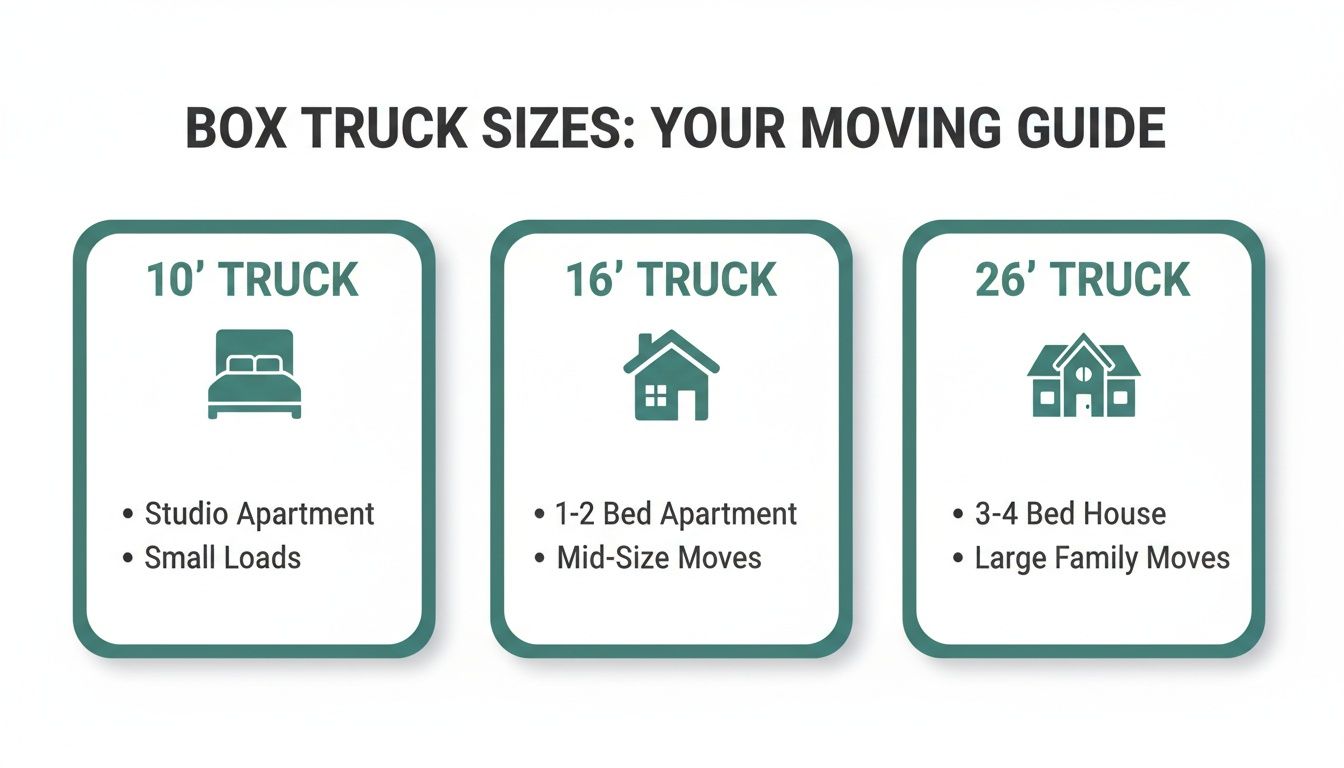 A moving guide showing three box truck sizes: 10', 16', and 26', with recommended apartment and house sizes.