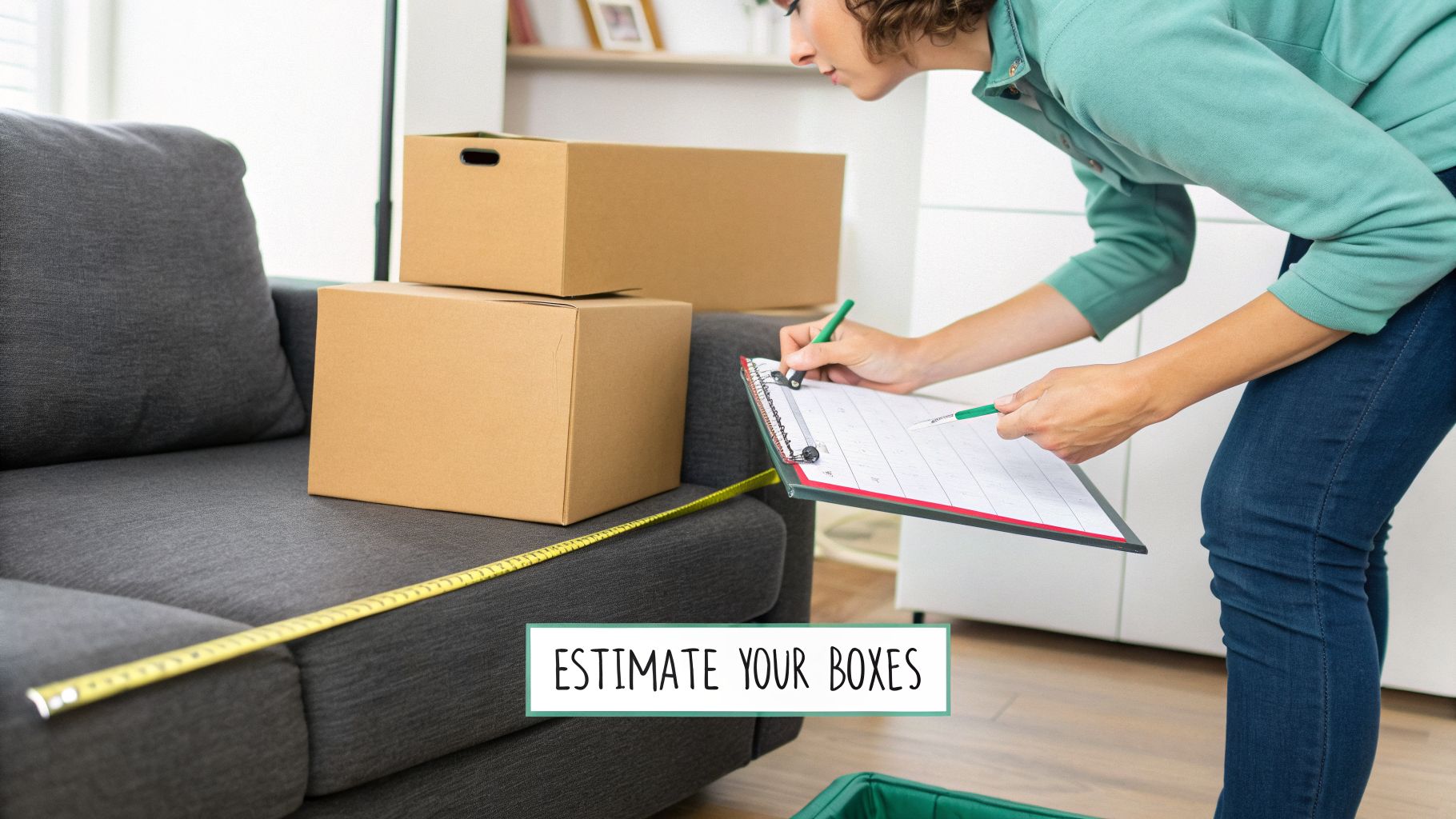A woman uses a clipboard and pen to estimate moving box needs with a measuring tape on a sofa.