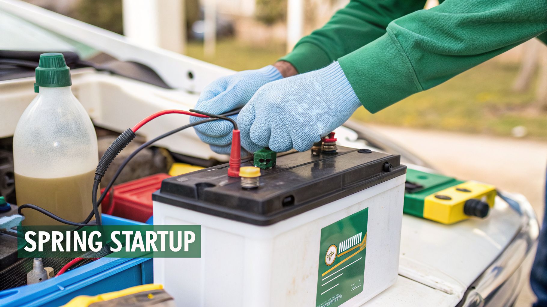 A person wearing blue gloves connects jumper cables to a car battery under the hood of a vehicle.