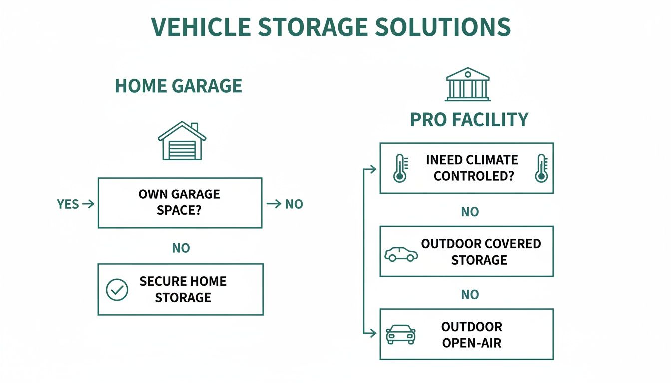 Flowchart outlining vehicle storage solutions, from home garage to professional facility options like climate-controlled or outdoor.