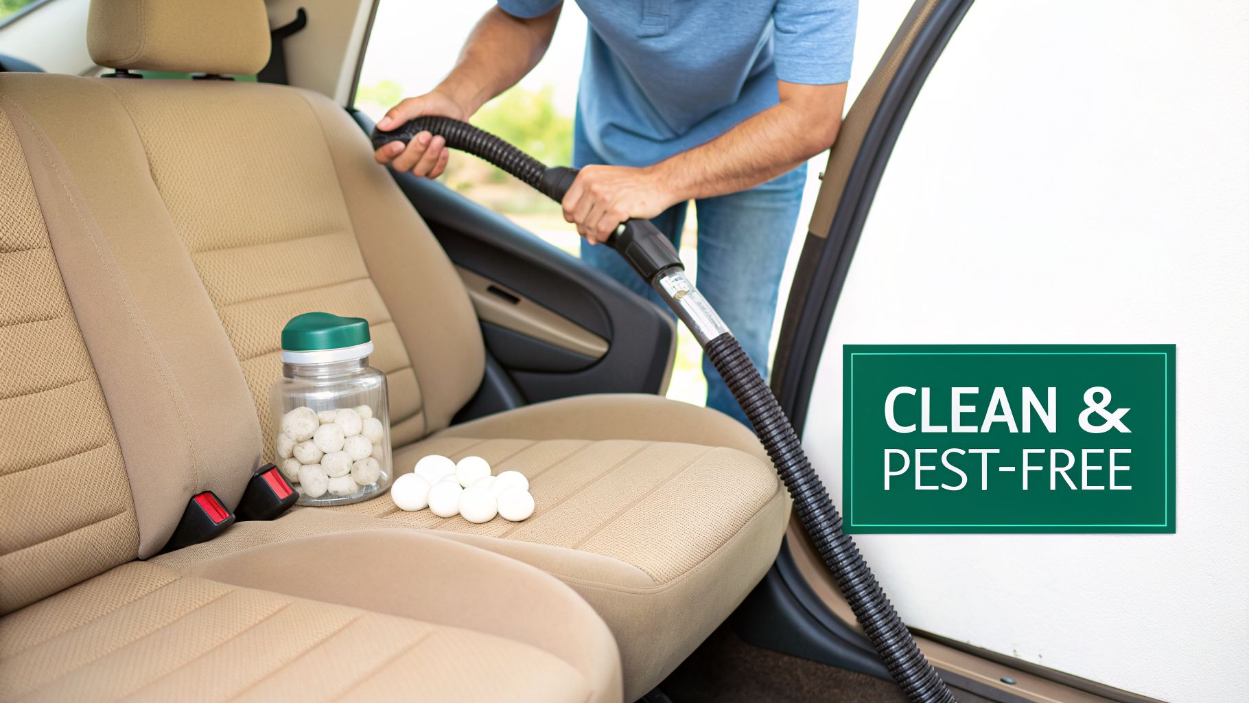 Man vacuuming a car interior with pest repellent balls on the seat, ensuring a clean and pest-free vehicle.