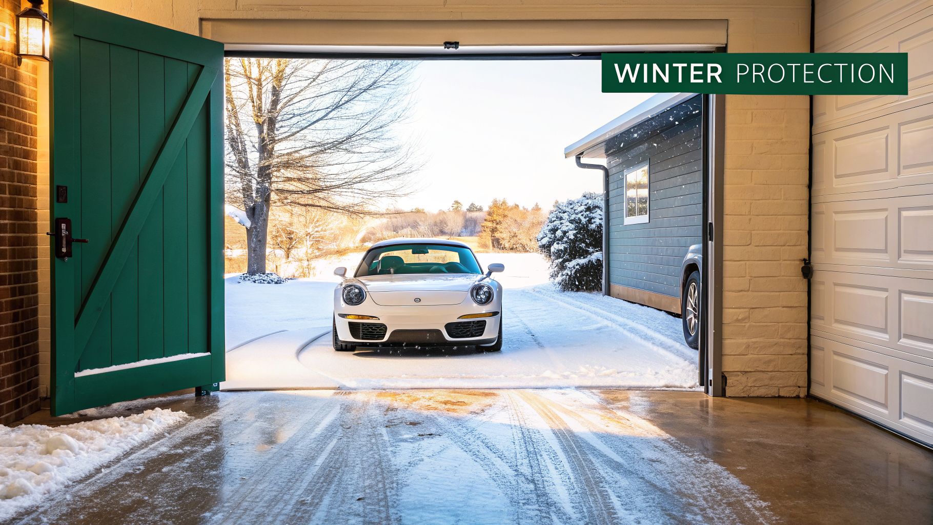 A luxury white sports car on a snowy driveway in front of an open garage door.