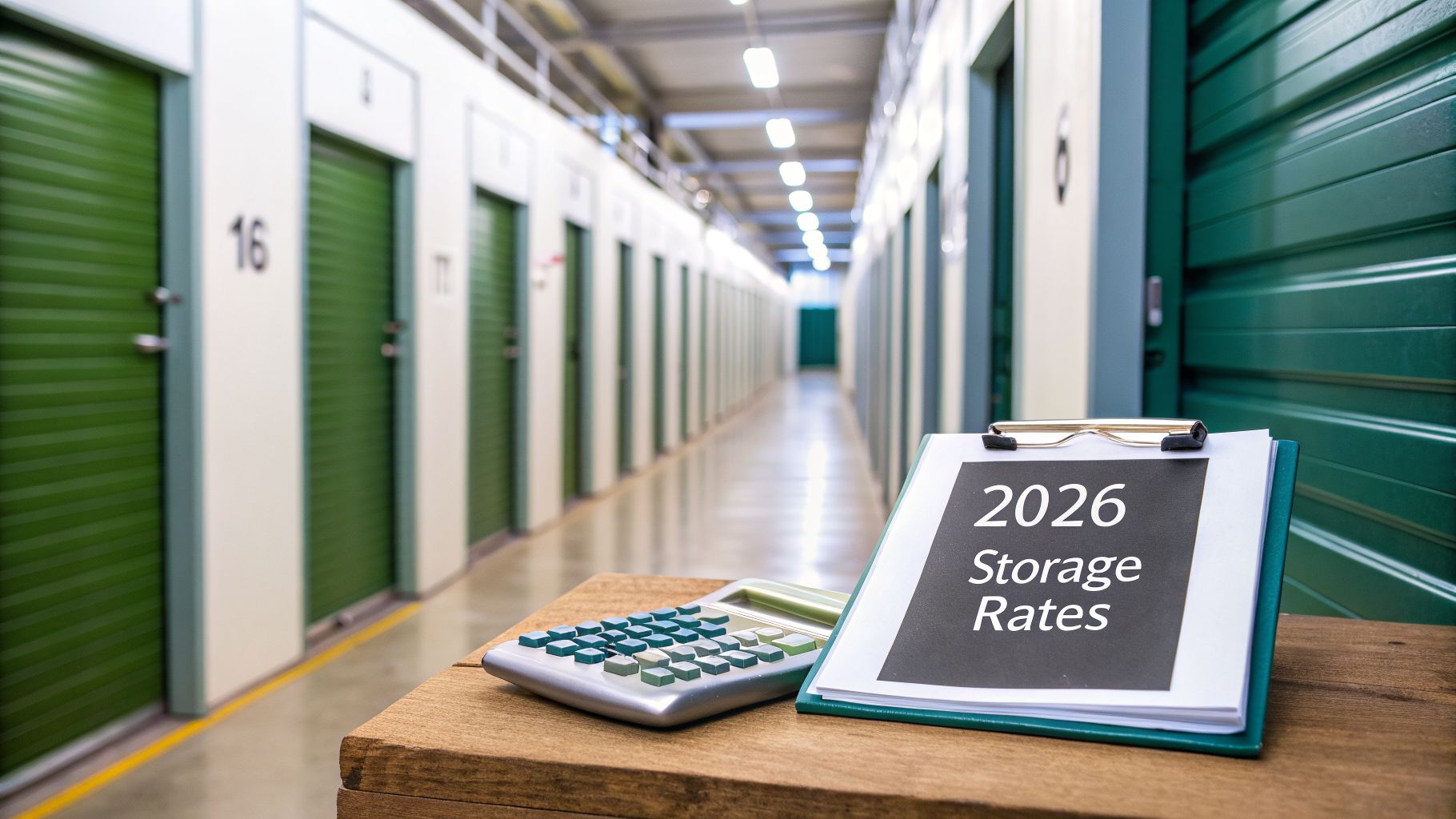 A calculator and a clipboard displaying '2026 Storage Rates' on a wooden surface, with a self-storage facility hallway in the background.